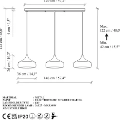 Suspension de table noire & cuivre, 3 abat-jour évasés SILE