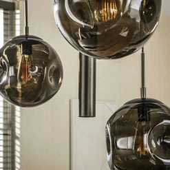 Suspension de table verre brun métal bronze 9 lampes NIAGARA
