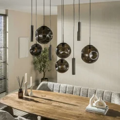 Suspension de table verre brun métal bronze 9 lampes NIAGARA