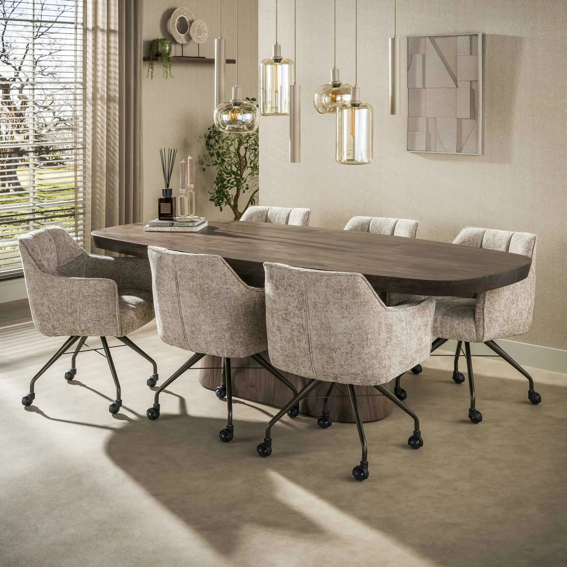 Suspension de table verre et métal beige 7 lampes NIAGARA