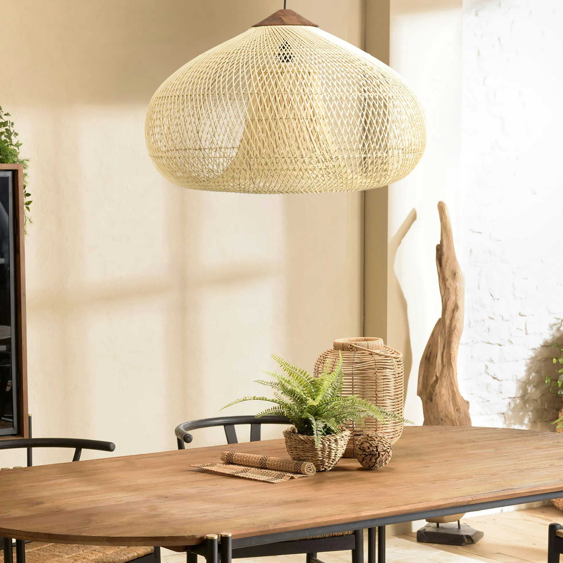 Suspension entonnoir 80x80cm rotin couleur naturelle/teck FOLELLI