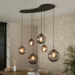 Suspension en verre fumé – 6 globes déformés NIAGARA