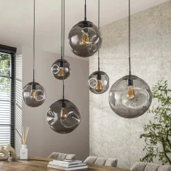Suspension en verre fumé – 6 globes déformés NIAGARA