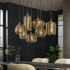 Suspension en verre strié 7 lampes ambrées NOVA