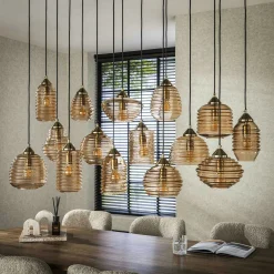 Suspension en verre strié 15 lampes ambrées NOVA