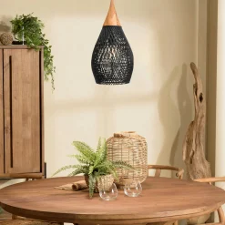 Suspension goutte 25x25cm en rotin couleur noire et teck FOLELLI