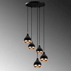 Suspension grappe moderne noire & cuivre, 5 abat-jour SILE