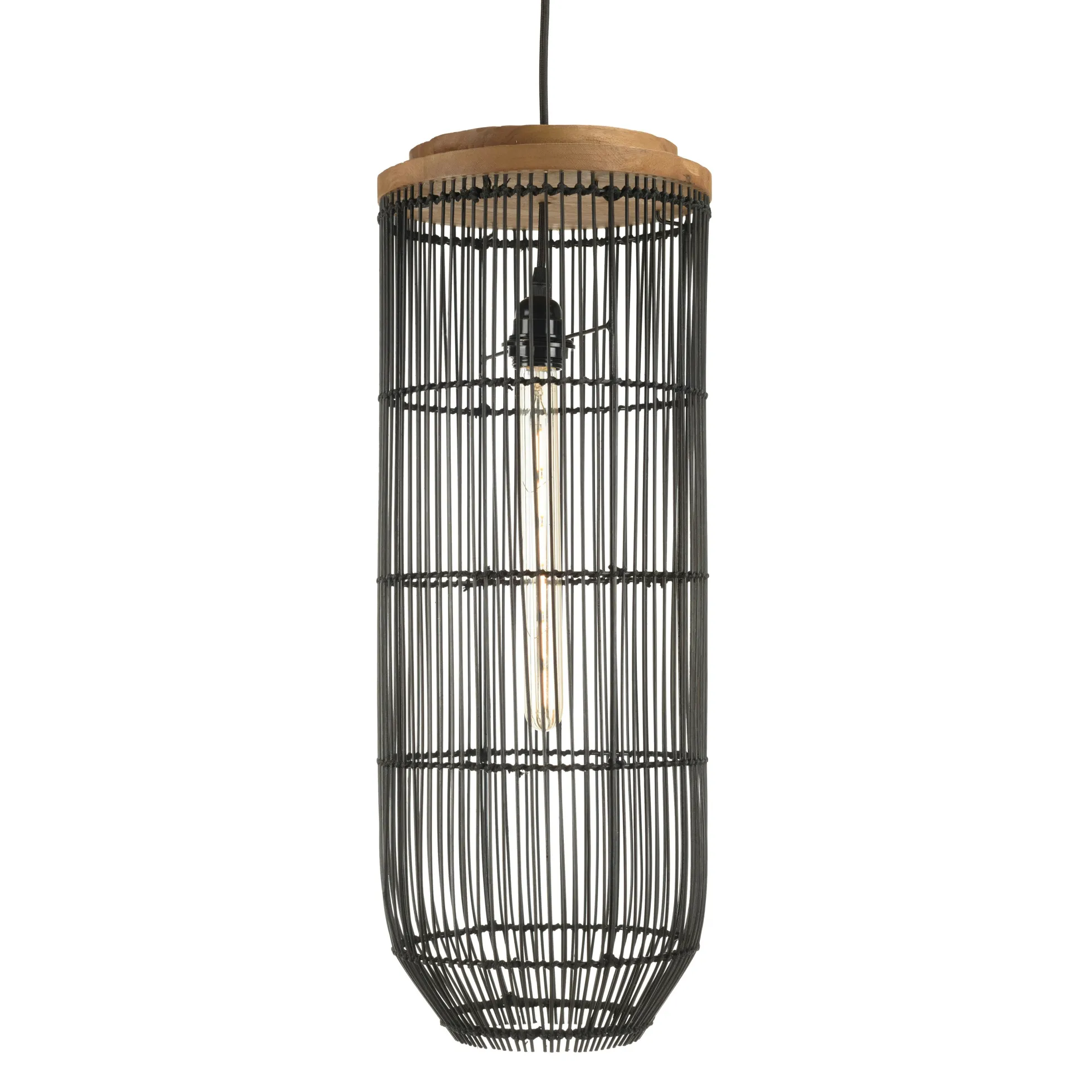 Suspension longue 25x25cm en rotin couleur noire et teck FOLELLI