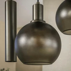 Suspension îlot cuisine verre brun givré métal bronze 7 lampes NOVA
