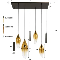 Suspension îlot cuisine verre fumé métal bronze 7 lampes NIAGARA