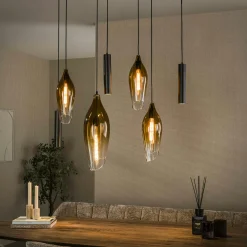 Suspension îlot cuisine verre fumé métal bronze 7 lampes NIAGARA
