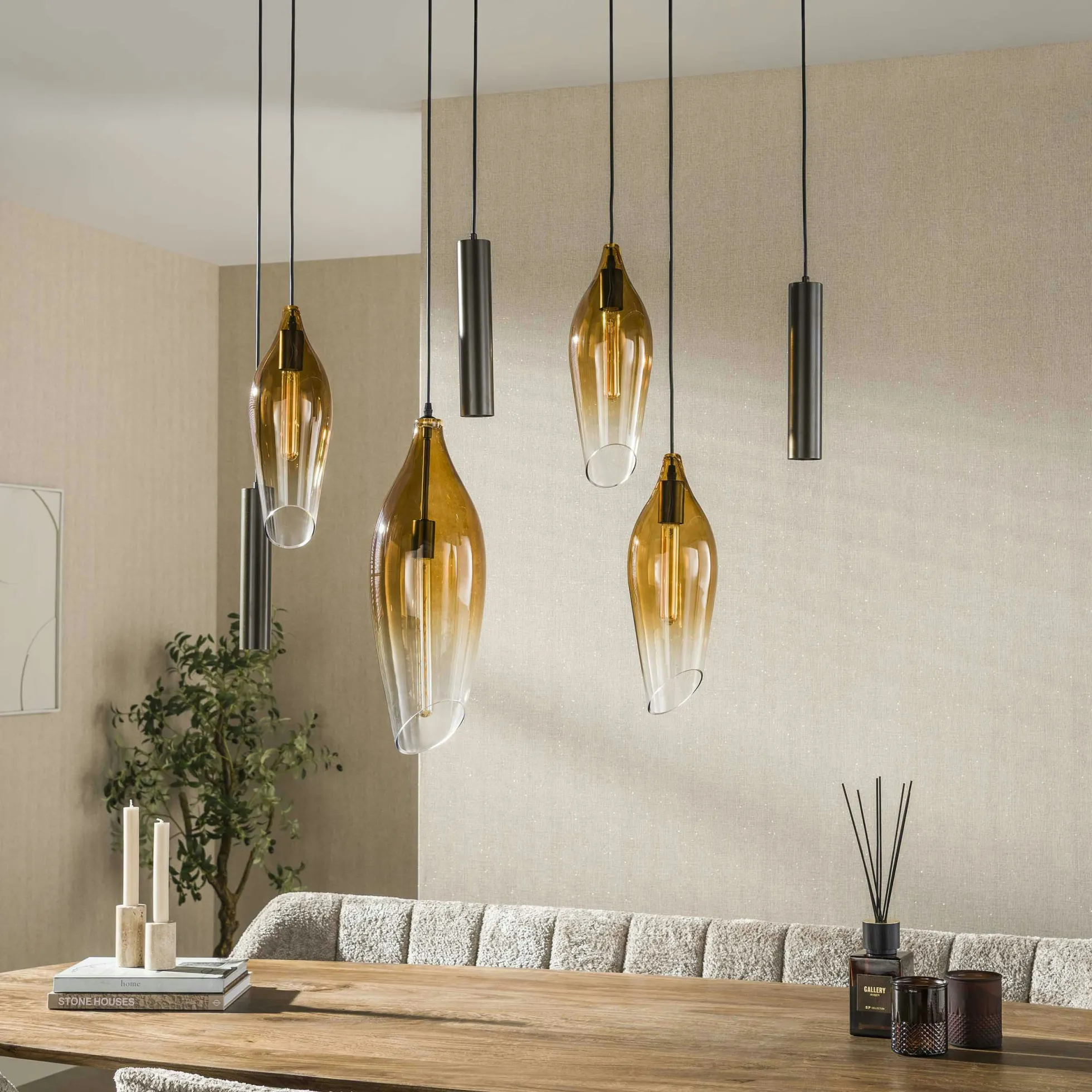 Suspension îlot cuisine verre fumé métal bronze 7 lampes NIAGARA