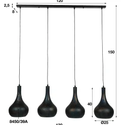 Suspension luminaire noir 4 lampes métal ajouré 130 cm JAVA