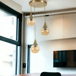 Suspension moderne dorée 3 globes verre ambré SIERRE