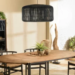 Suspension seau 76x76cm en rotin couleur noire et teck FOLELLI