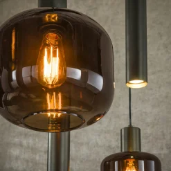 Suspension verre & métal – globes bruns + tubes bronze NOVA
