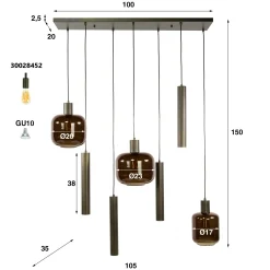 Suspension verre & métal – globes bruns + tubes bronze NOVA