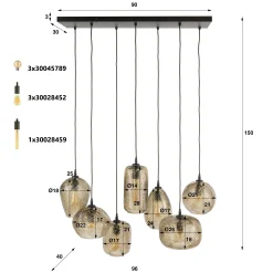 Suspension vintage verre brun fumé chevron 7 lampes NOVA