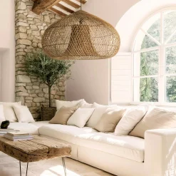 Suspension 80x80cm en rotin couleur naturelle et bois de teck recyclé SWING