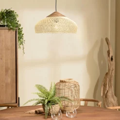 Suspension 40x40cm en rotin couleur naturelle et teck recyclé FOLELLI