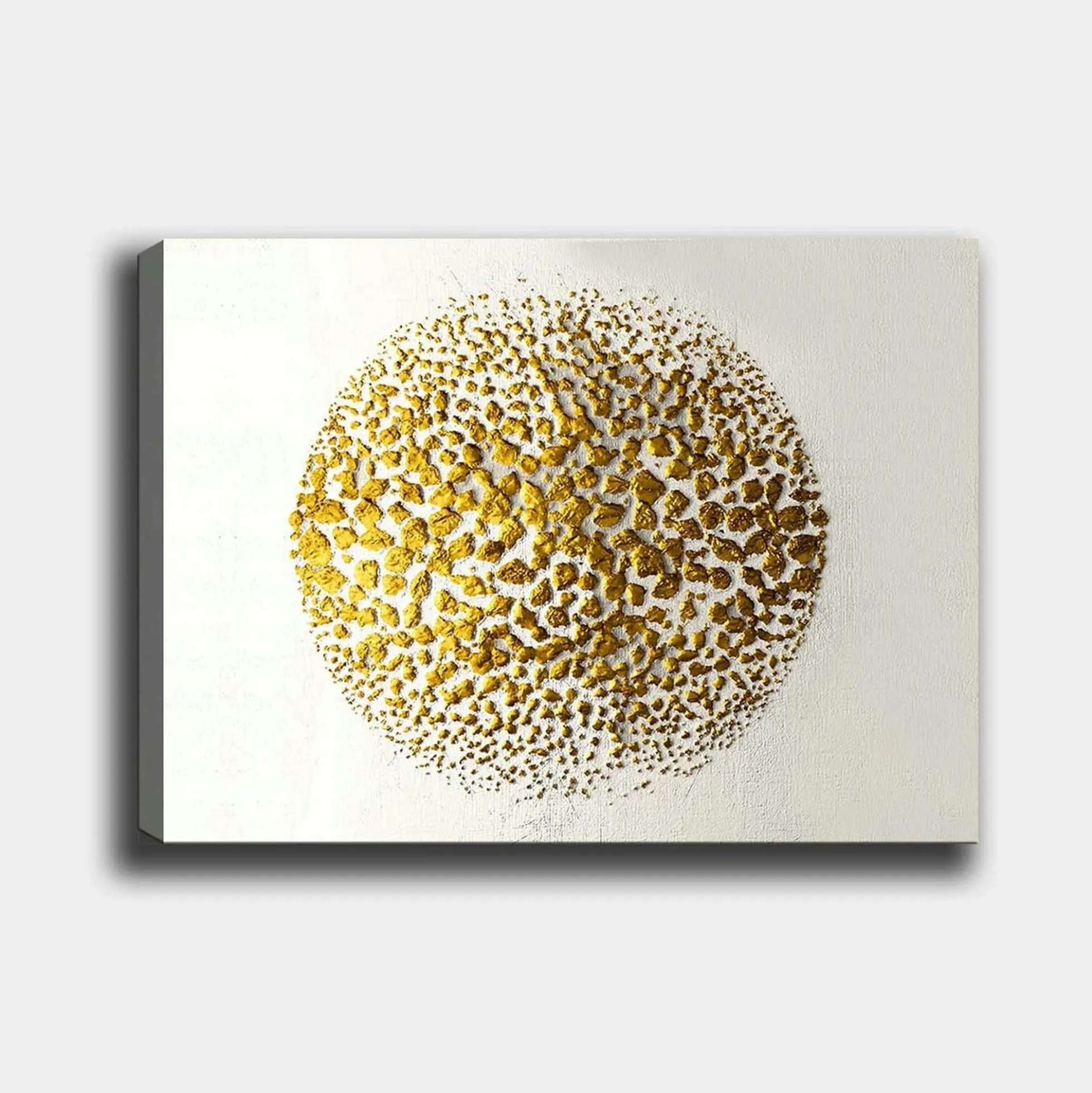 Tableau abstrait blanc et or – sphère texturée