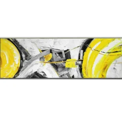 Tableau abstrait jaune et gris formes métalliques cadre argent