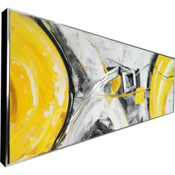 Tableau abstrait jaune et gris formes métalliques cadre argent