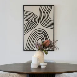 Tableau abstrait noir et blanc lignes ondulées avec cadre 60x90 cm