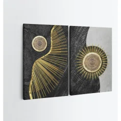 Tableau abstrait soleil or – fond noir et argent (set de 2)