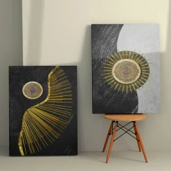Tableau abstrait soleil or – fond noir et argent (set de 2)