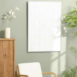 Tableau blanc lignes abstraites peinture au sable 83 x 123 cm