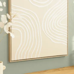 Tableau écru motif courbes blanches en relief 83 x 123 cm