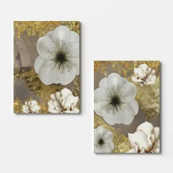 Tableau fleurs blanches – fond taupe et or (set de 2)