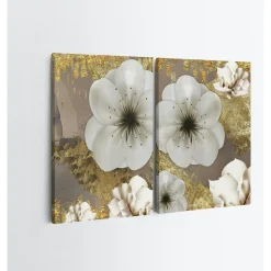 Tableau fleurs blanches – fond taupe et or (set de 2)