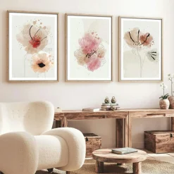 Tableau floral aquarelle rose et beige – lot de 3