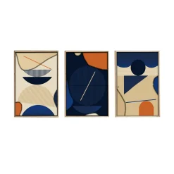 Tableau graphique bleus et orange – cadre bois (lot de 3)