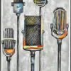 Tableau musique micros vintage cadre argent 90x60