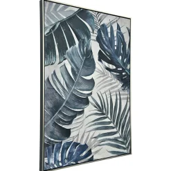 Tableau nature feuilles exotiques tons bleus cadre argent