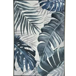 Tableau nature feuilles exotiques tons bleus cadre argent