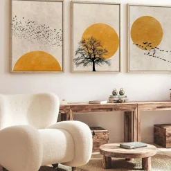 Tableau nature stylisée – soleil et oiseaux (lot de 3)