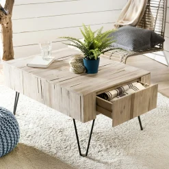 Table basse avec tiroirs teck pieds épingle 90x60 cm JAIPUR