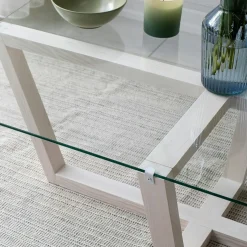 Table basse blanche design - verre trempé, pied croisé LHASA