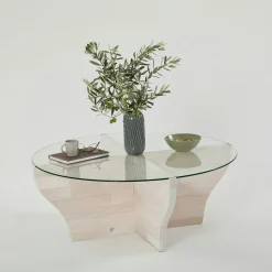 Table basse blanche en verre et bois - pied en X, ANZIO