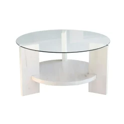 Table basse blanche ronde - verre et bois, 2 plateaux ANZIO