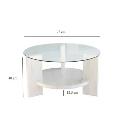 Table basse blanche ronde - verre et bois, 2 plateaux ANZIO