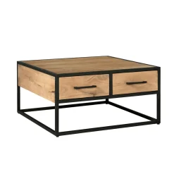 Table basse carrée bois clair métal noir 4 tiroirs RIVANO