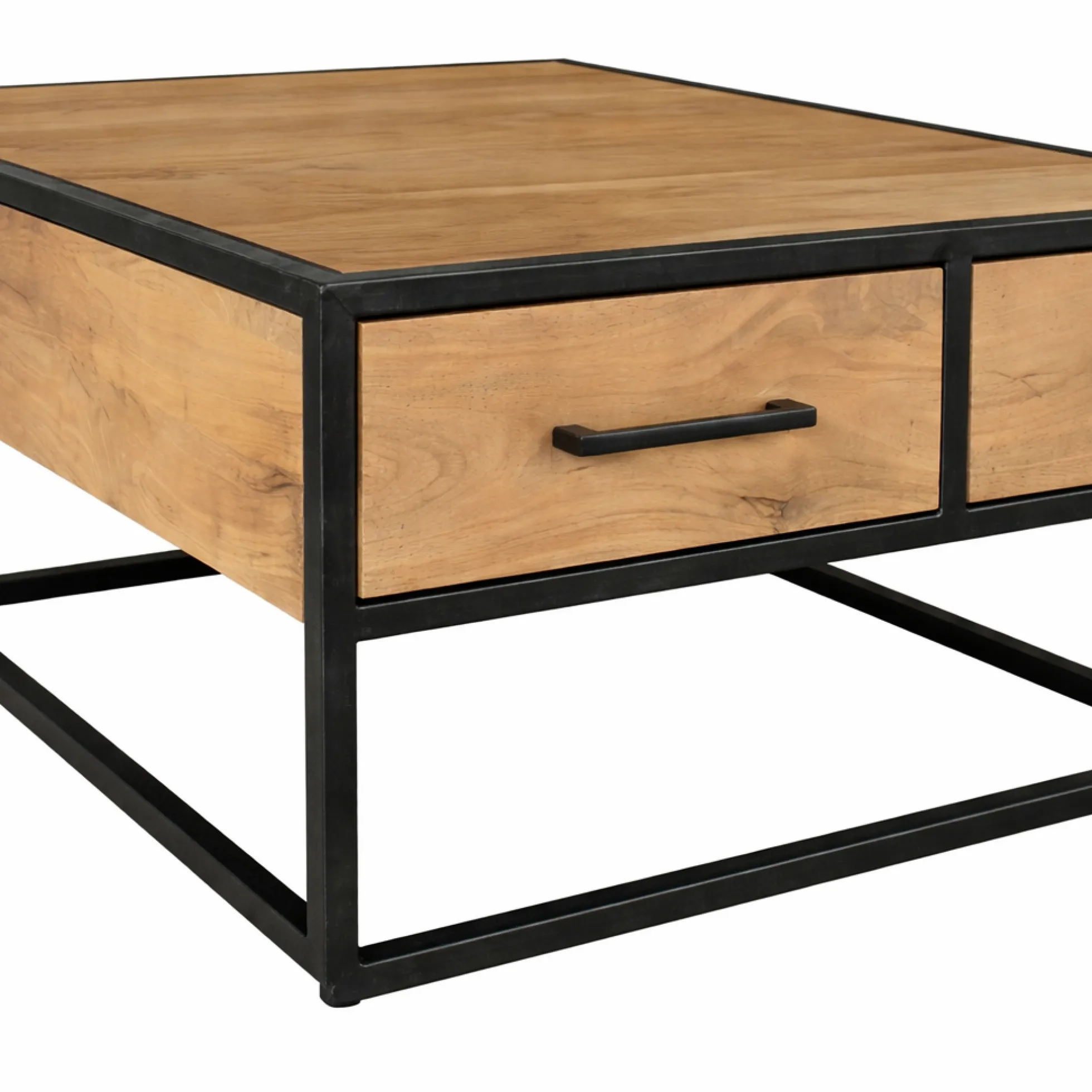 Table basse carrée bois clair métal noir 4 tiroirs RIVANO