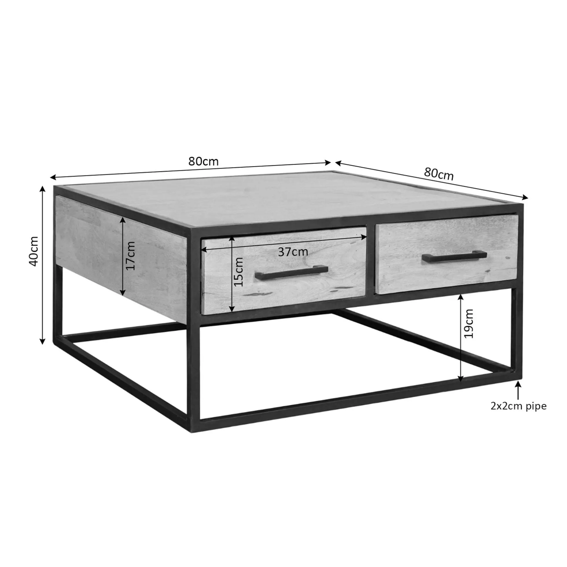 Table basse carrée bois clair métal noir 4 tiroirs RIVANO