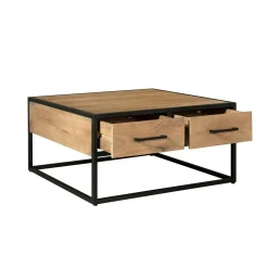 Table basse carrée bois clair métal noir 4 tiroirs RIVANO
