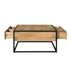 Table basse carrée bois clair métal noir 4 tiroirs RIVANO